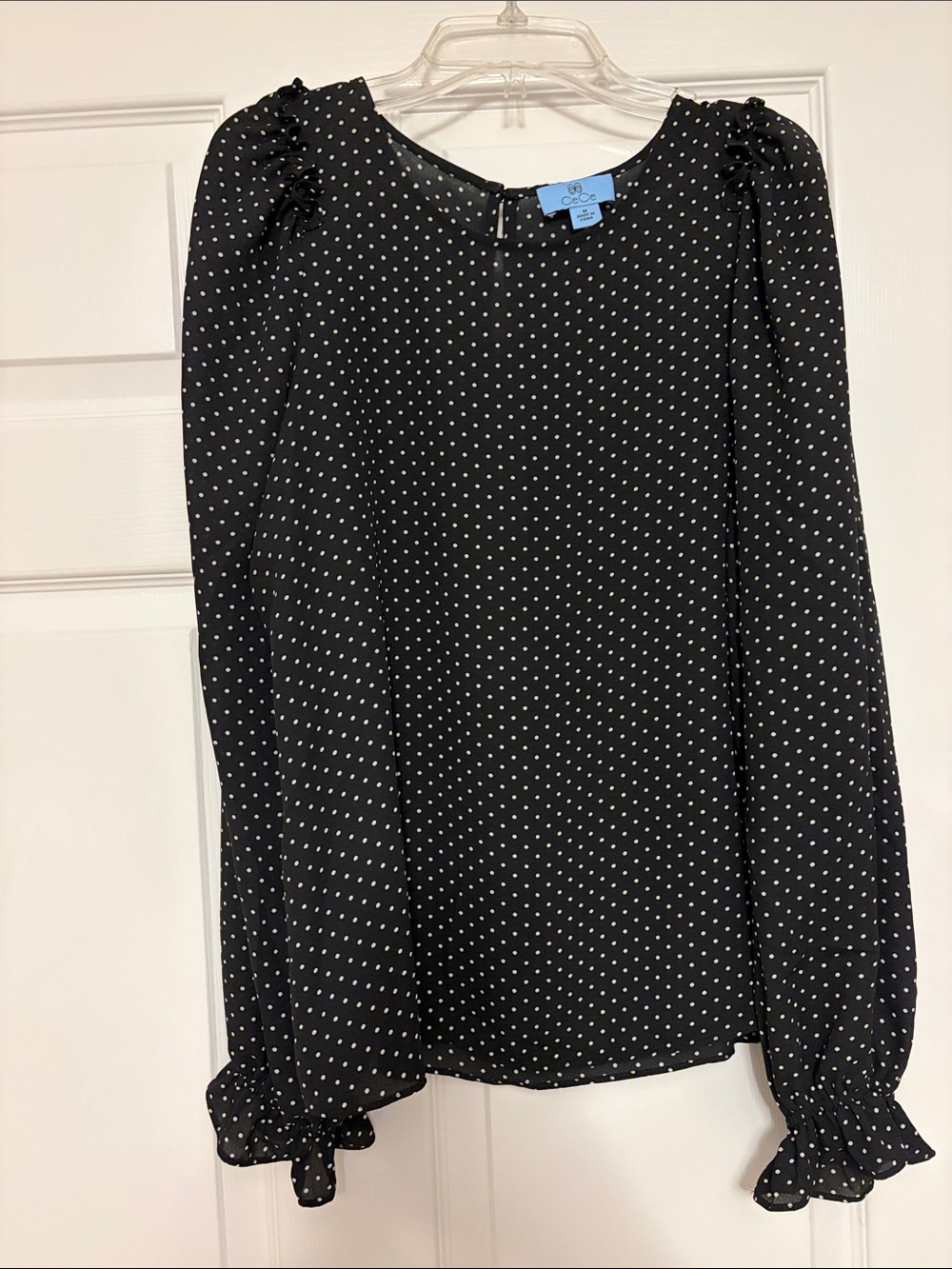 CeCe Black Polka Dot Long Sleeve Top with Ruffle Cuffs
